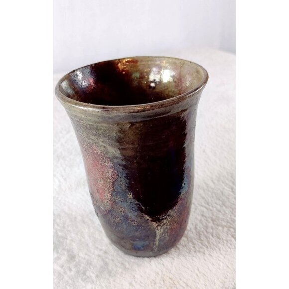 Raku Art Vase Brown Iridescent Tones Textured Rustic Tumbler Thrown Pottery 5.5" - Picture 8 of 15
